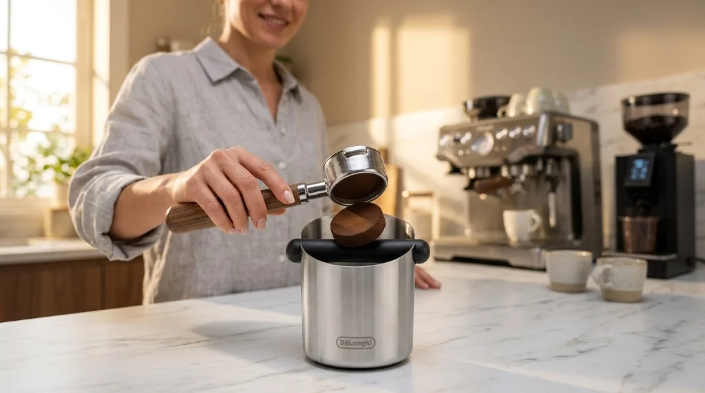 De'Longhi DLSC084 Abklopfbehälter aus Edelstahl mit gummierter Abklopfstange