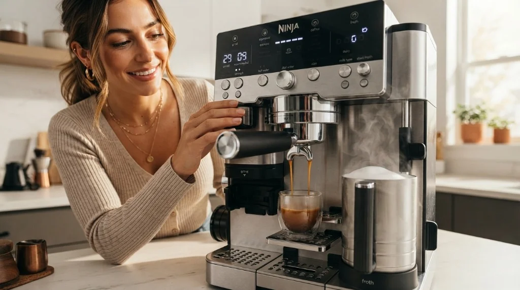 Ninja Luxe Cafe Premier 3-in-1 Espressomaschine mit Digitaldisplay, Siebträger und automatischem Milchaufschäumer