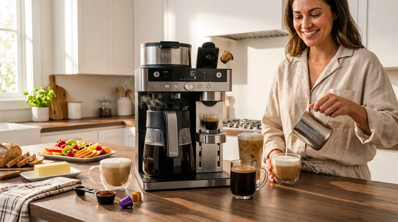 Ninja Prestige 2-in-1 Kaffeemaschine mit Kannenbrühsystem — Einklappbarer Milchaufschäumer für samtigen Barista-Milchschaum