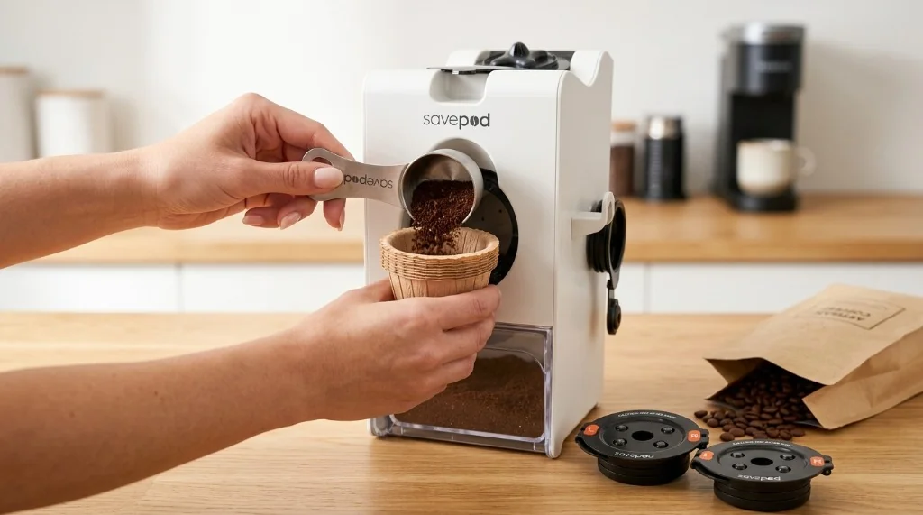 Savepod PodMaker Kapsel-Set mit kompostierbaren Papierfiltern, Verschlussring und Edelstahl-Dosierlöffel
