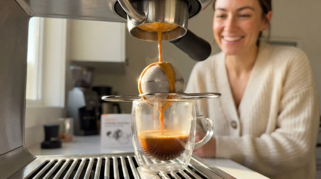 Gefrorene Edelstahl-Espresso-Kühlkugeln mit feiner Reifschicht auf Tassengestell