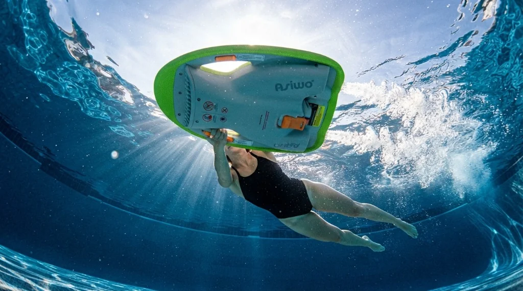 Asiwo MAKO elektrisches Schwimmbrett in Neongrün mit Schutzgitter und beidseitigen Haltegriffen