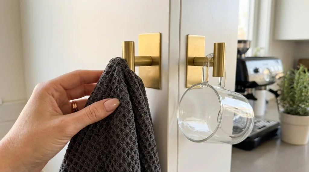 Edelstahl Handtuchhaken und Stange in gebürstetem Gold an Küchenschrank