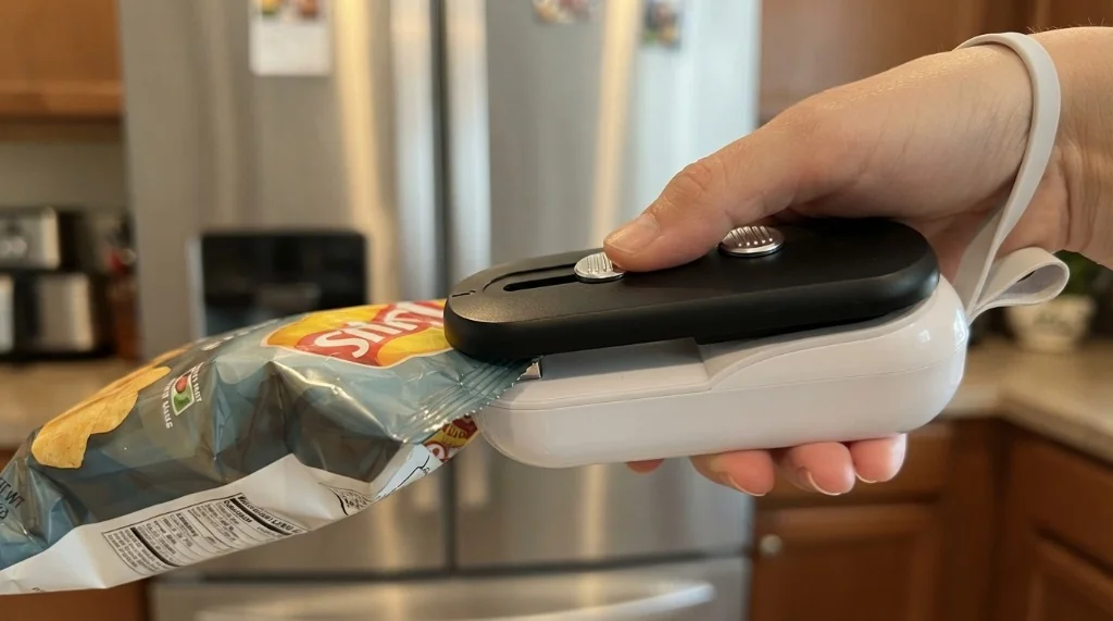 Mini Folienschweißgerät mit Magnet und Cutter am Kühlschrank haftend