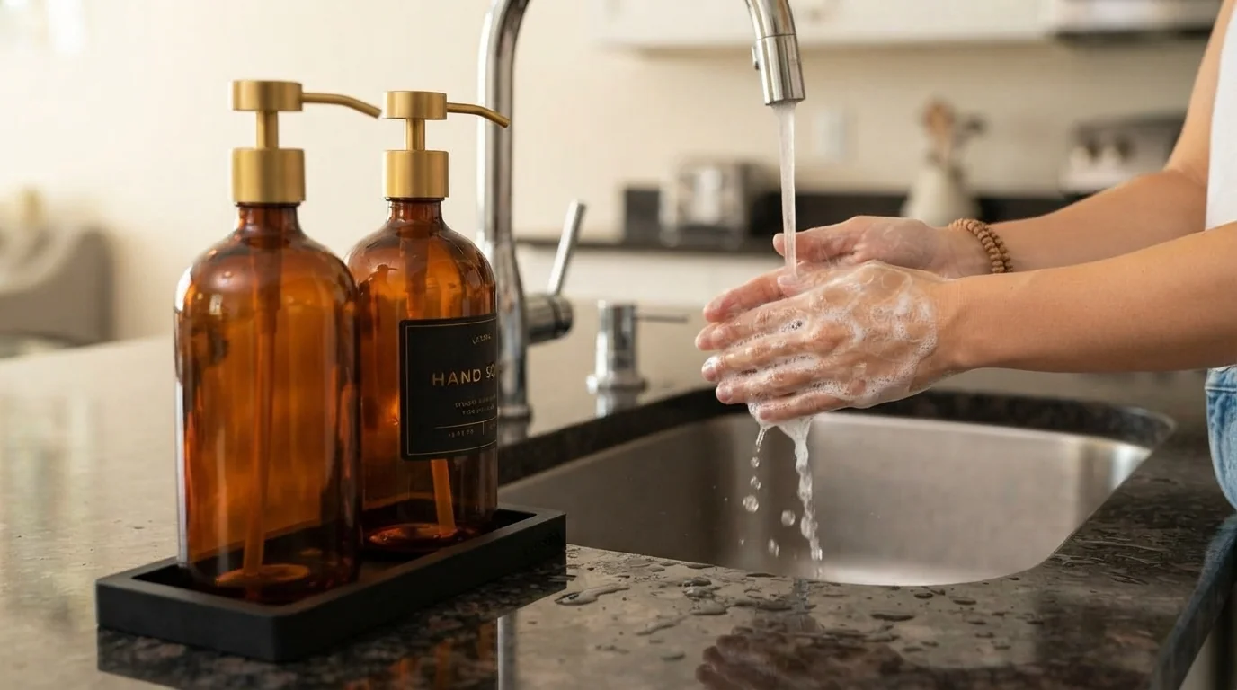LUSSPA Seifenspender Braunglas 500ml mit Goldpumpe und Silikonablage 2er Set